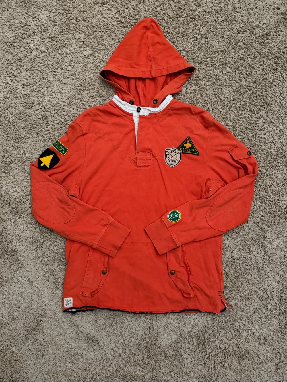 Vintage Polo Ralph Lauren Ski Patrol Orange Rugby Shirt Size Large Hood RARE